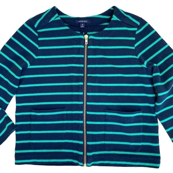 Lands’ End Nautical Blazer Zip-up Jacket Kelly Green & Navy Blue Striped Sz 10 - Picture 7 of 15